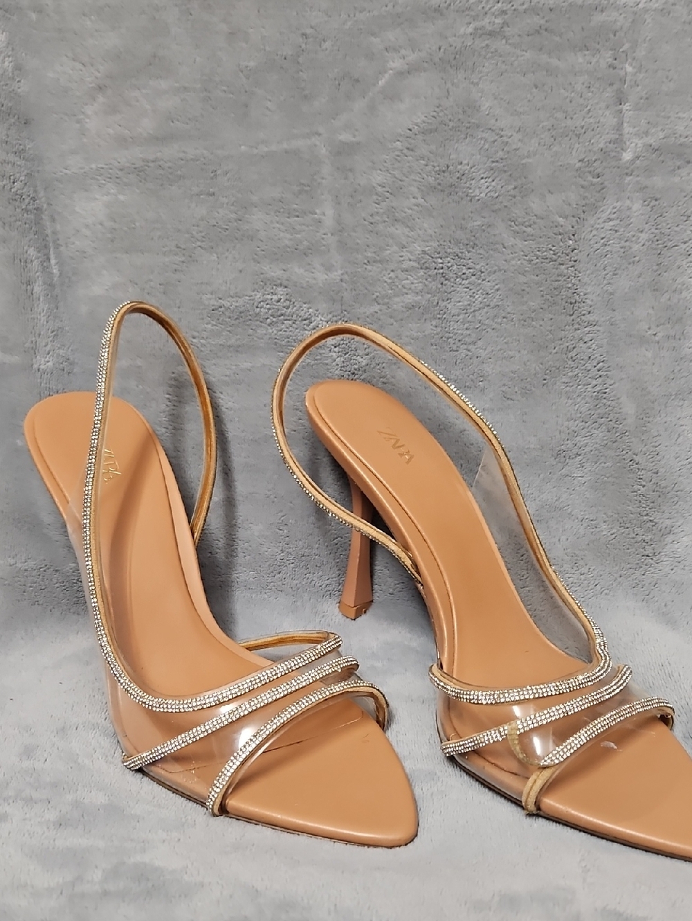 Zara Nude Tan Slingback Heels with Crystal Straps